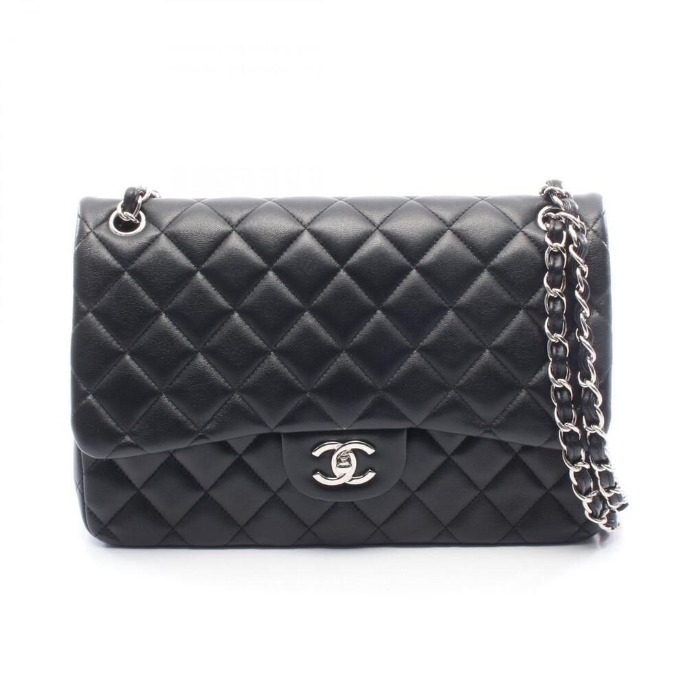 Chanel Matelasse Double Flap Shoulder Bag Lambskin Sheepskin Black